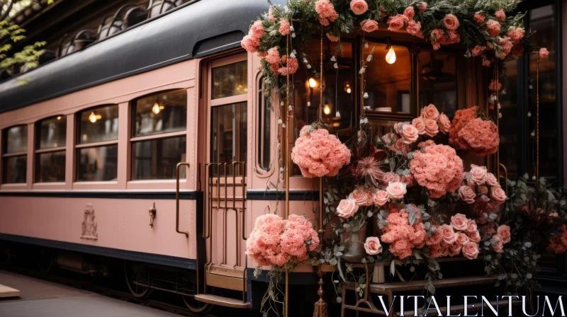 Vintage Tram Adorned with Pink Flowers - Monochromatic Elegance AI Image