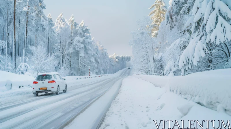 Winter Car Driving on Snowy Road - Nature Landscape AI Image