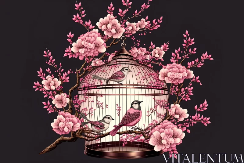 Birds on a Birdcage Near a Pink Cherry Tree - Realistic Chiaroscuro Illustration AI Image