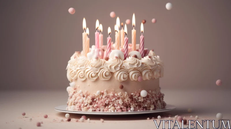 Birthday Cake with Lighted Candles on Beige Background AI Image