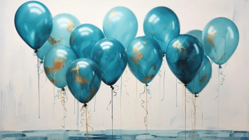Blue Balloons Painting with Gold Accents