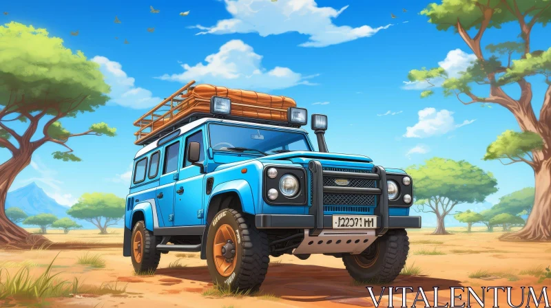 Blue Retro Off-Road Car in Sandy Area with Mountains AI Image