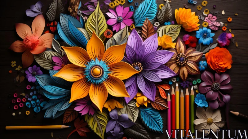 Colorful Floral Arrangement on Dark Wood Table AI Image