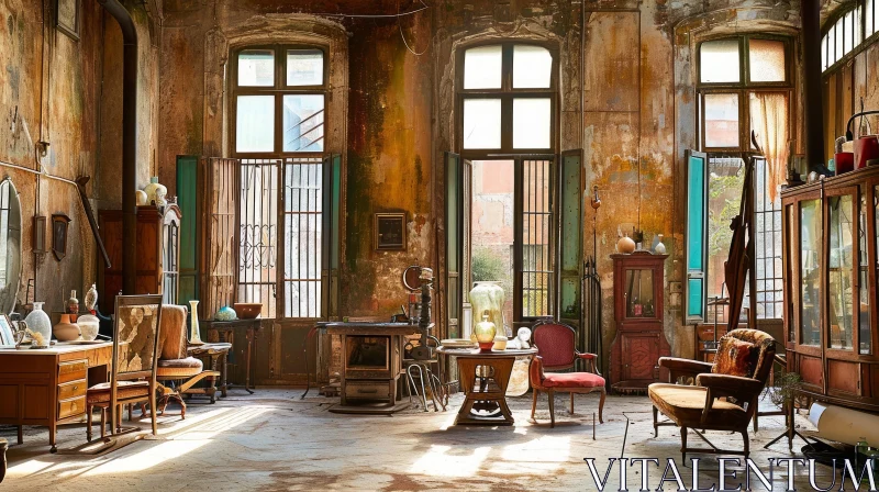 AI ART Decaying Beauty: Abandoned Room with Sunlit Windows and Old Furniture