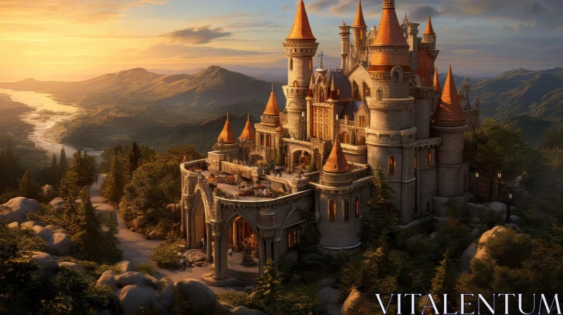 Enchanting Castle Landscape: Majestic Architecture in Nature's Embrace AI Image