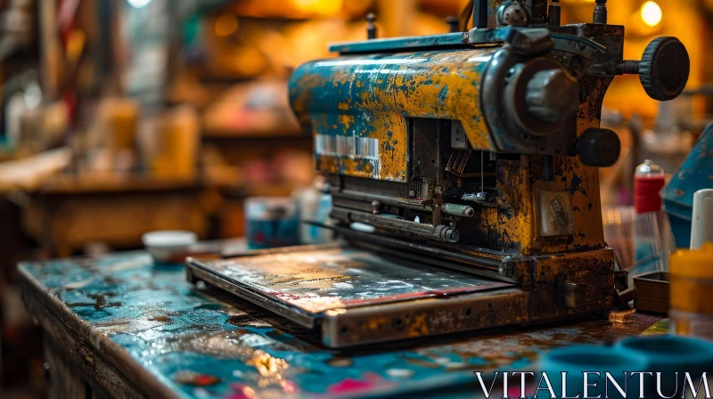 Enchanting Photo of an Old-Fashioned Printing Press on a Wooden Table AI Image