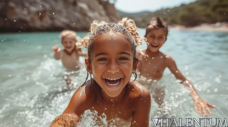 Joyful Children Playing in the Clear Blue Sea AI Image