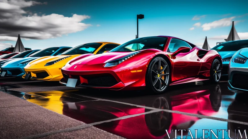 Luxury Sports Cars in Colorful Parking Lot AI Image