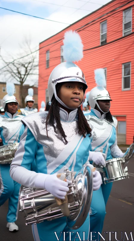 Marching Band in Blue and Silver: An Urban Spectacle AI Image