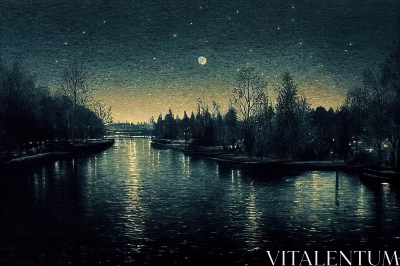 Moonlit Lake Painting with Retro Filters | Serene Night Scene AI Image