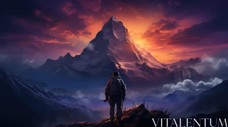 Mountaineer at Sunset on Rocky Peak AI Image