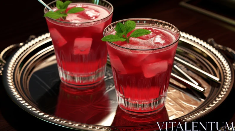 Red Cocktail with Ice and Mint on Silver Tray AI Image