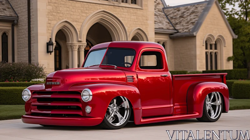 Red Truck Parked in Driveway with Graceful Curves AI Image