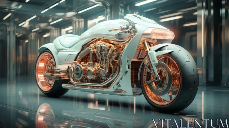 Sleek Futuristic White and Copper Motorcycle | 3D Rendering AI Image