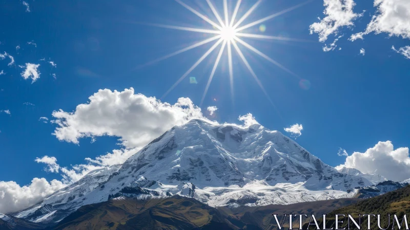 Snow-Capped Mountain and Sun in a Picturesque Valley AI Image
