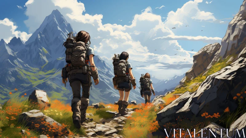 AI ART Three People Hiking in the Majestic Mountains