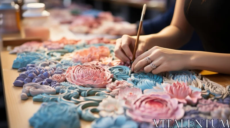 AI ART Woman Painting Ceramic Tile with Floral Patterns