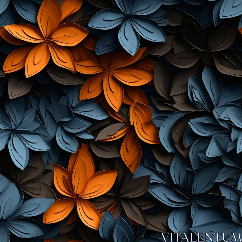 3D Paper Flowers Seamless Pattern in Blue and Orange AI Image
