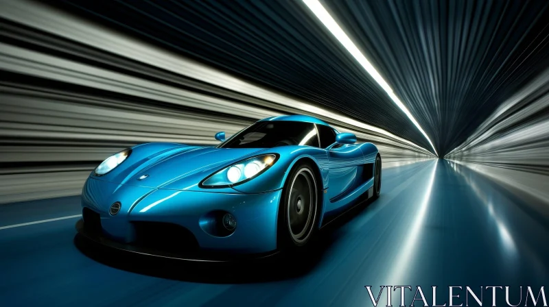 AI ART Blue Sports Car Racing Through Dark Tunnel