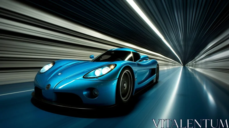 Blue Sports Car Racing Through Dark Tunnel