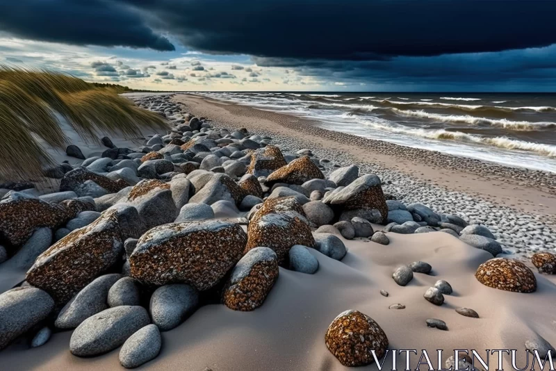 Captivating Stormy Skies over Gravel Sand Beach AI Image