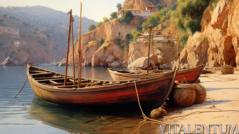 Coastal Village Painting on Rocky Cliff | Serene Waters and Blue Sky AI Image