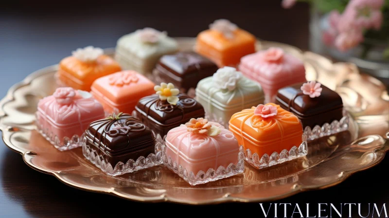 AI ART Colorful Petit Fours on Gold Plate - Close-up Image