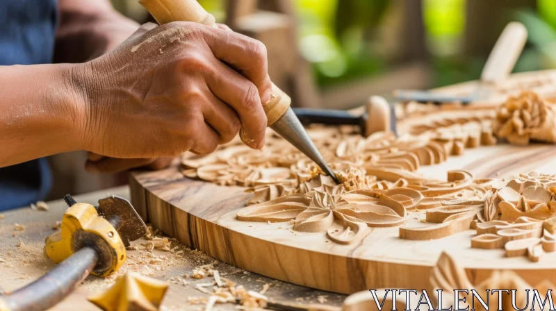 Exquisite Woodcarving: Master Craftsman Shaping a Wooden Board AI Image