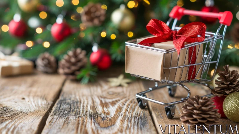 Festive Christmas Gift Box in Shopping Cart AI Image