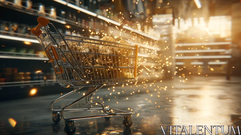 Gilded Abundance: A Captivating 3D Rendering of a Shopping Cart Overflowing with Gold Coins AI Image