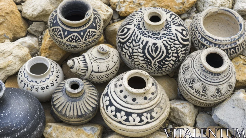 Handmade Clay Pots with Geometric and Floral Designs AI Image