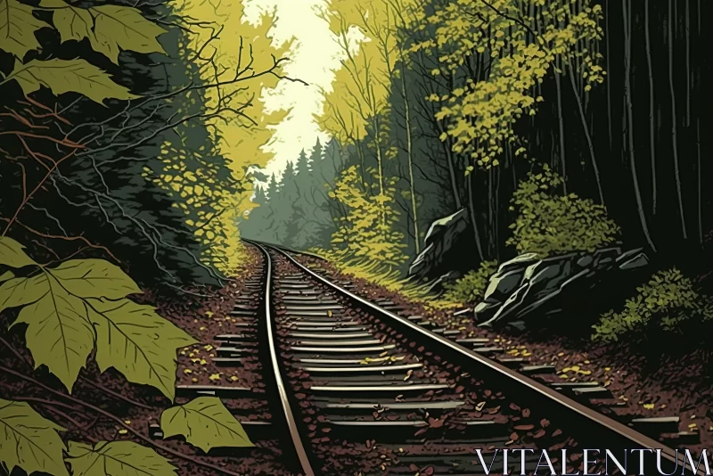 Intricate Forest Railroad Track Poster - Hyper-Detailed Illustration AI Image