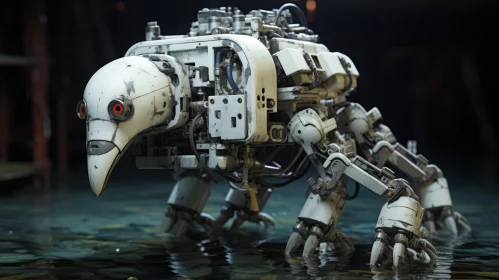 Intricate Robot in Water with Majestic Elephants