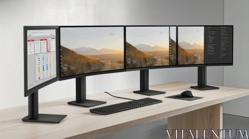 Modern Office Desk with Three Monitors and Sleek Design AI Image