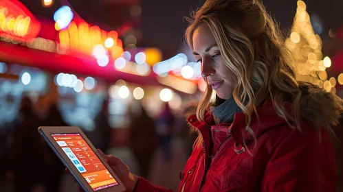 Night Cityscape: Young Woman Using Tablet in Vibrant Red Jacket