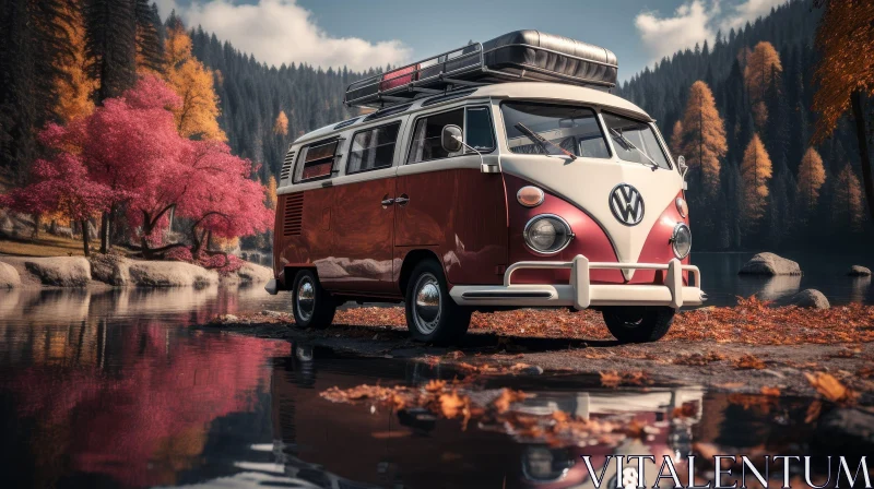 AI ART Red and White Volkswagen Type 2 Bus by Serene Lake