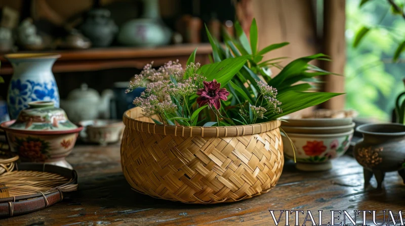Serene Still Life: Wicker Basket Filled with Flowers and Leaves AI Image