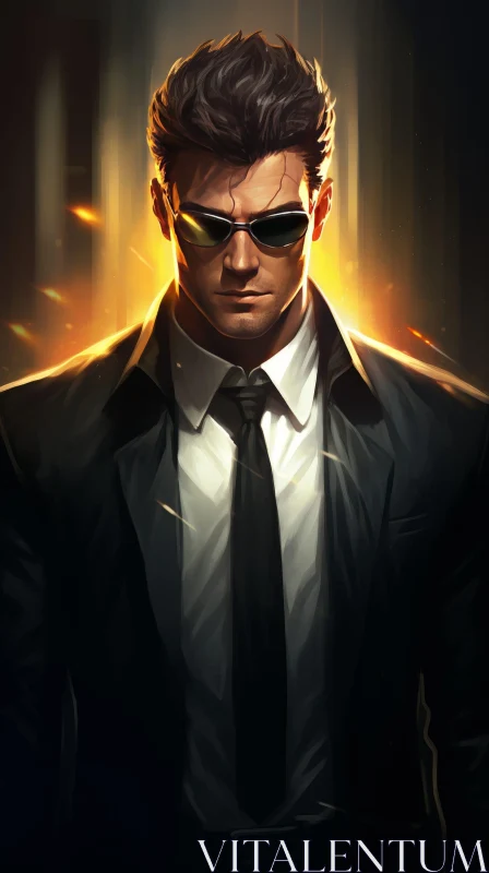 Serious Man in Black Suit and Sunglasses AI Image