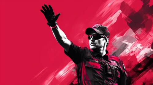 Serious Man in Black Uniform with Raised Hand on Red Background