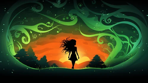 Tranquil Sunset Landscape with Girl in Long Dress