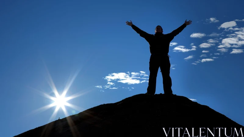 Triumphant Man on Mountain Summit with Arms Raised AI Image
