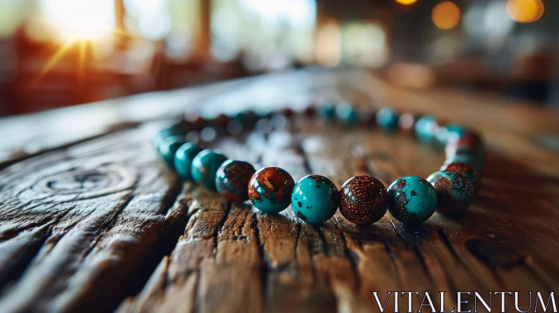 Turquoise and Brown Beaded Necklace on Wooden Table AI Image