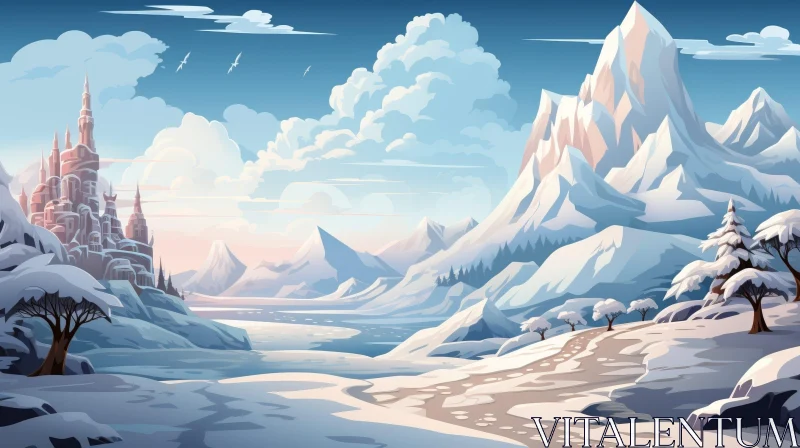 AI ART Winter Landscape with Snow-Capped Mountain and Frozen River