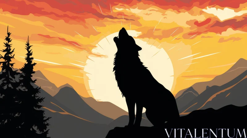 AI ART Wolf Howling at Moon Illustration in Mountain Sunset