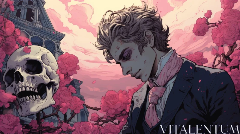 Young Man in Black Suit Among Pink Roses