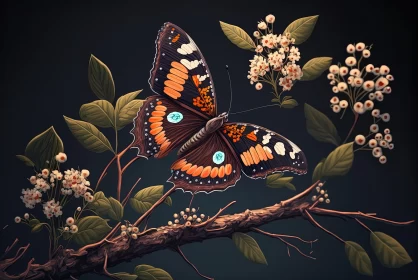 Beautiful Butterfly Illustration on Branch with Leaves