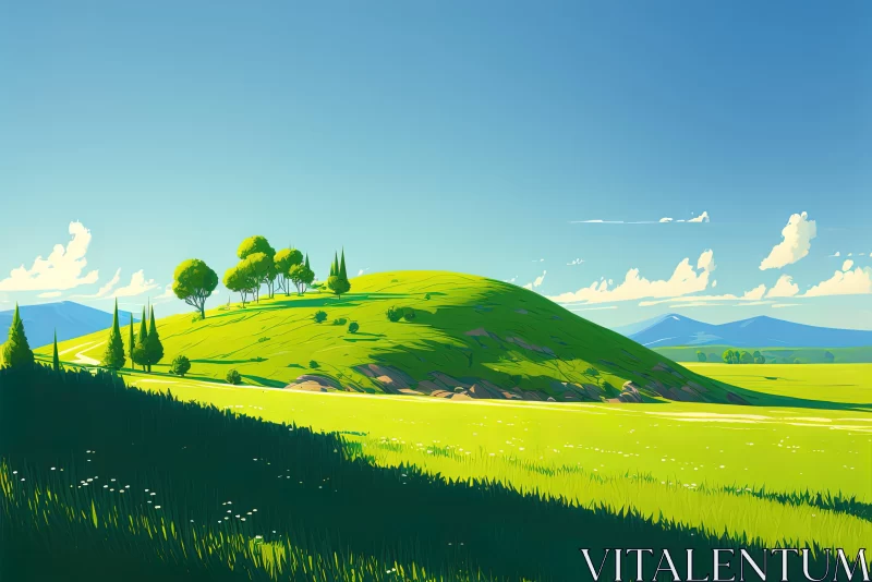 Charming and Idyllic Rural Scene - Grassy Hill with Trees AI Image
