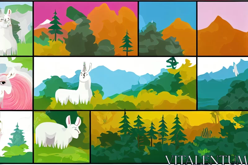 Colorful Animals in Comic Strips and Monochromatic Landscapes AI Image