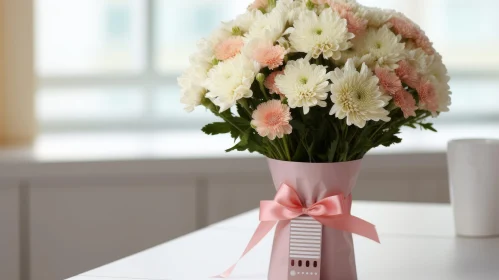 Elegant Bouquet of White and Pink Flowers in Pink Vase
