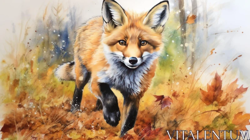 Red Fox Watercolor Painting in Fall Forest AI Image